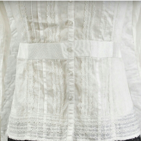 LOFT High Neck Lace Pleated Button Down - Picture 3 of 7
